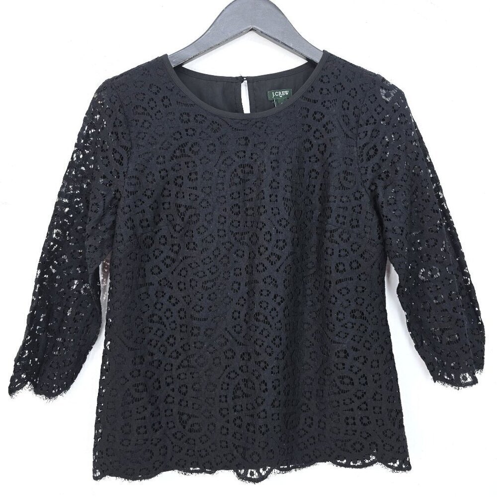 J. Crew Black Crochet Lace Scallop 3/4 Sleeve Top Women Size 4